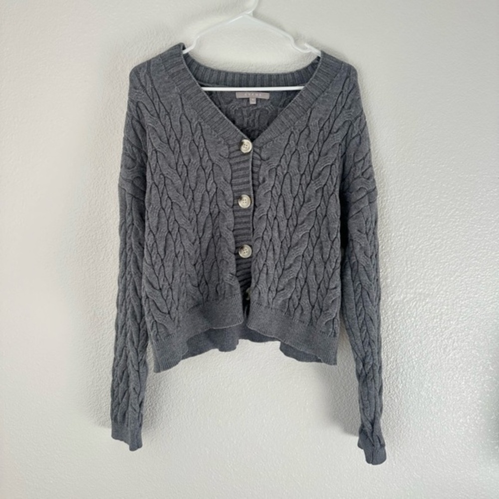 Cyrus Cardigan Sweater Women’s XL Gray Button Front Cable Knit V-Neck Top